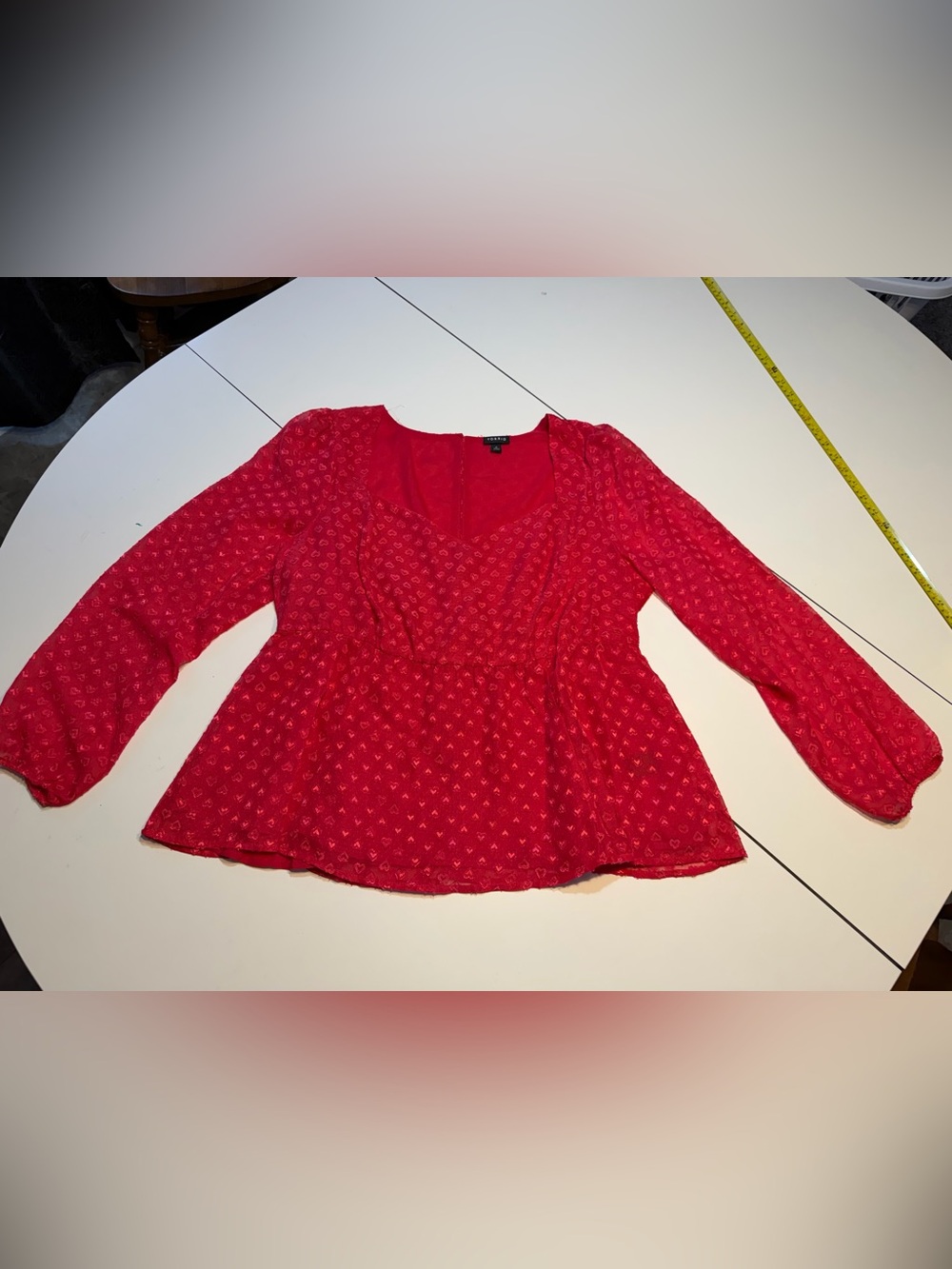 Torrid size 0 red long-sleeve peplum blouse sheer heart pattern chiffon
